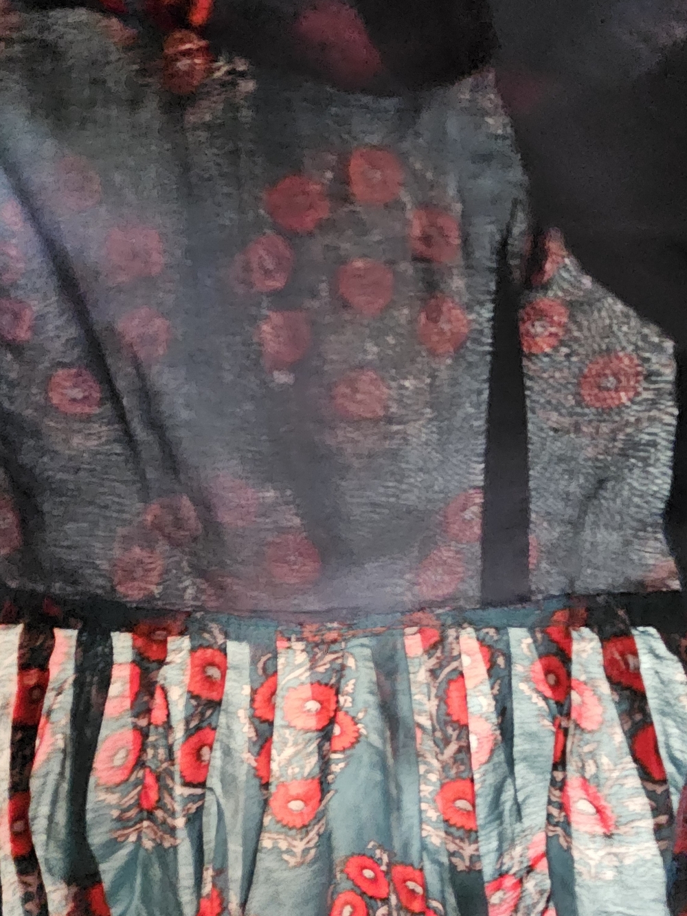 Vintage Teal Red Floral Satin Boho Maxi Dress Mandarin Collar Cottagecore - Picture 10 of 14